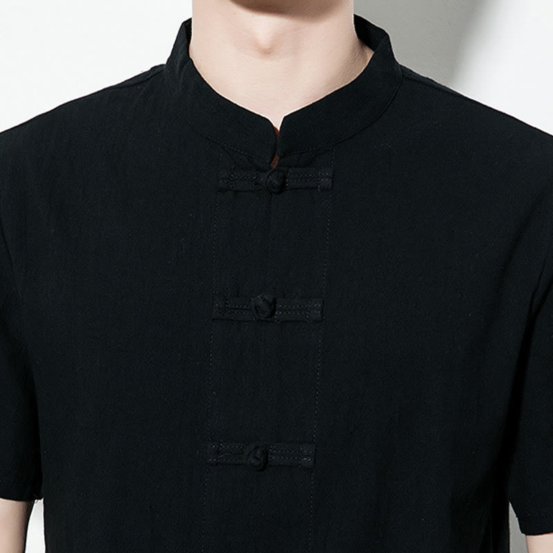 Nimara Ritual Casual Solid Color Front Frog Buttons Chinese Tang Suit Short Sleeve Linen Men's Shirt