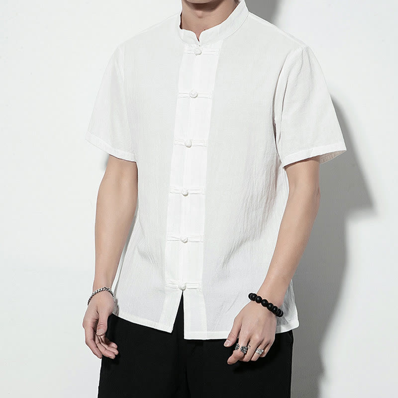 Nimara Ritual Casual Solid Color Front Frog Buttons Chinese Tang Suit Short Sleeve Linen Men's Shirt