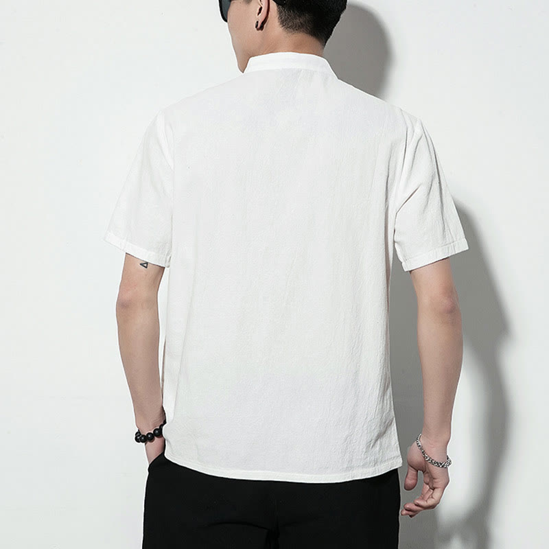 Nimara Ritual Casual Solid Color Front Frog Buttons Chinese Tang Suit Short Sleeve Linen Men's Shirt
