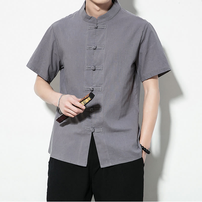 Nimara Ritual Casual Solid Color Front Frog Buttons Chinese Tang Suit Short Sleeve Linen Men's Shirt