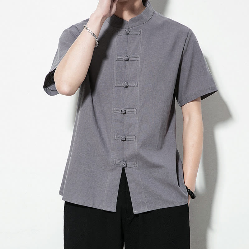 Nimara Ritual Casual Solid Color Front Frog Buttons Chinese Tang Suit Short Sleeve Linen Men's Shirt
