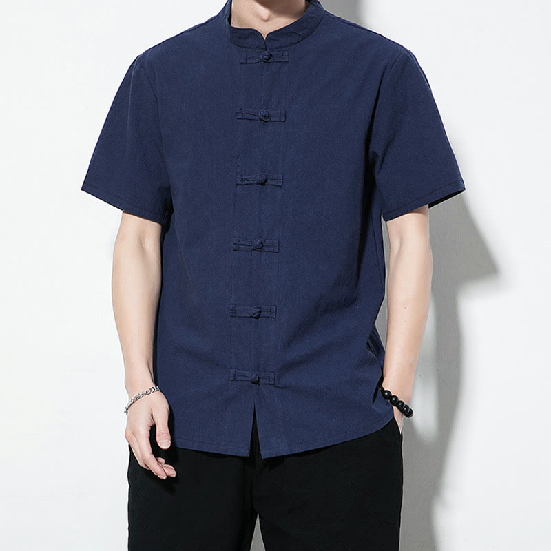 Nimara Ritual Casual Solid Color Front Frog Buttons Chinese Tang Suit Short Sleeve Linen Men's Shirt