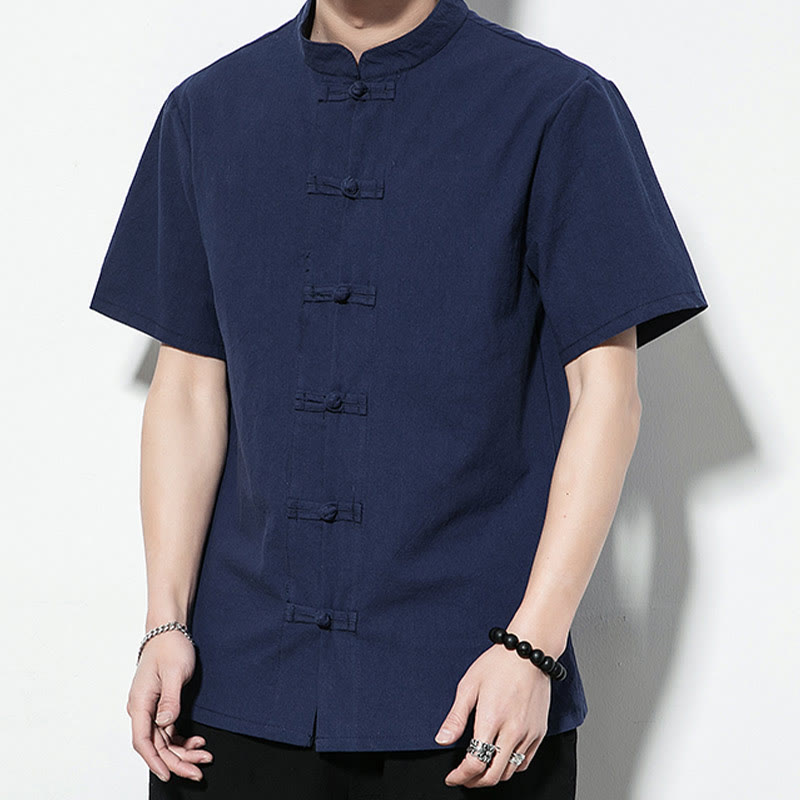Nimara Ritual Casual Solid Color Front Frog Buttons Chinese Tang Suit Short Sleeve Linen Men's Shirt