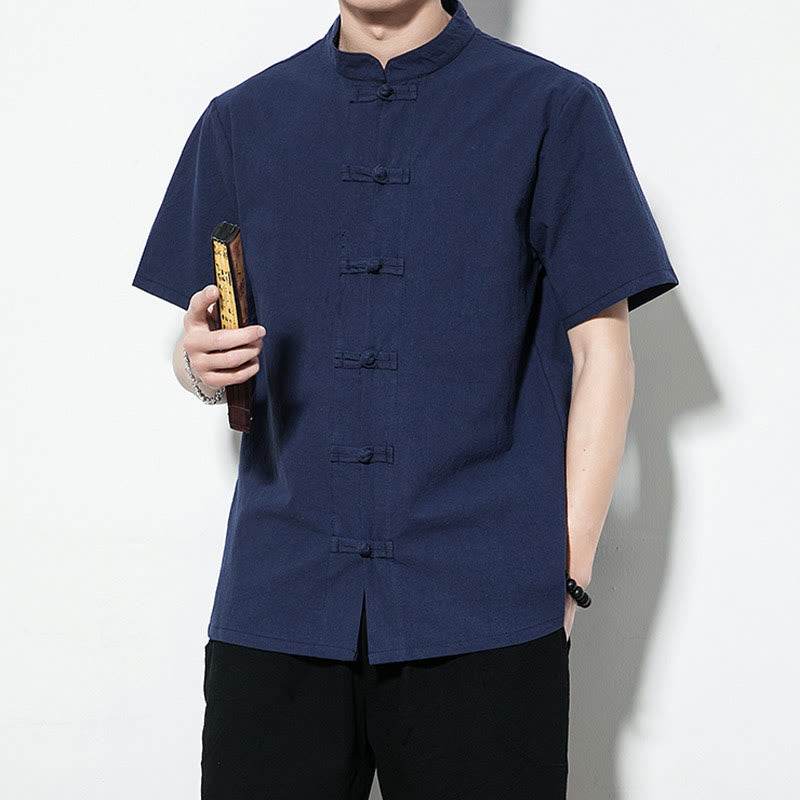 Nimara Ritual Casual Solid Color Front Frog Buttons Chinese Tang Suit Short Sleeve Linen Men's Shirt