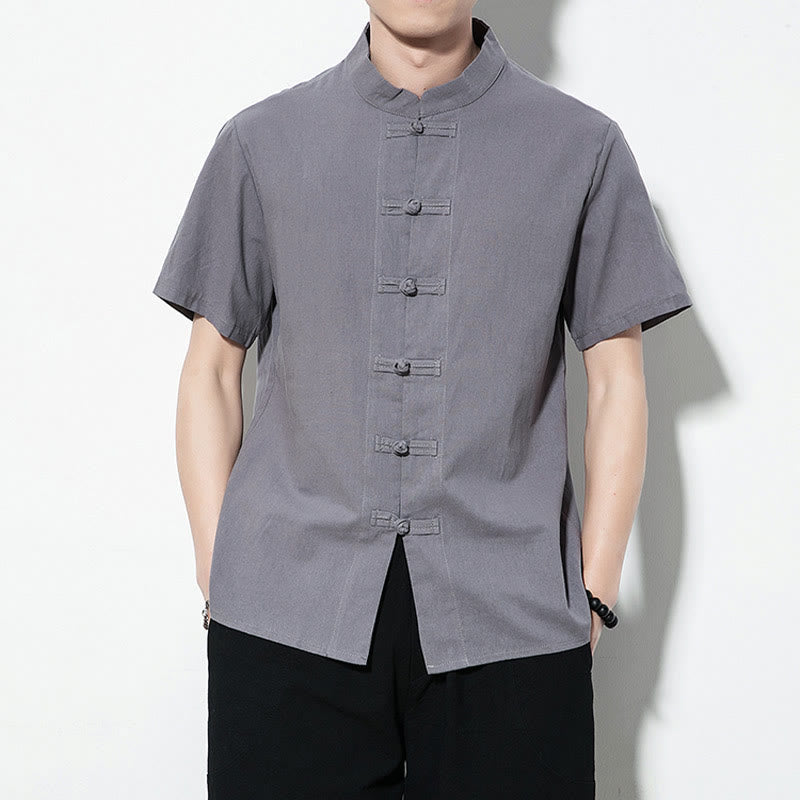 Nimara Ritual Casual Solid Color Front Frog Buttons Chinese Tang Suit Short Sleeve Linen Men's Shirt