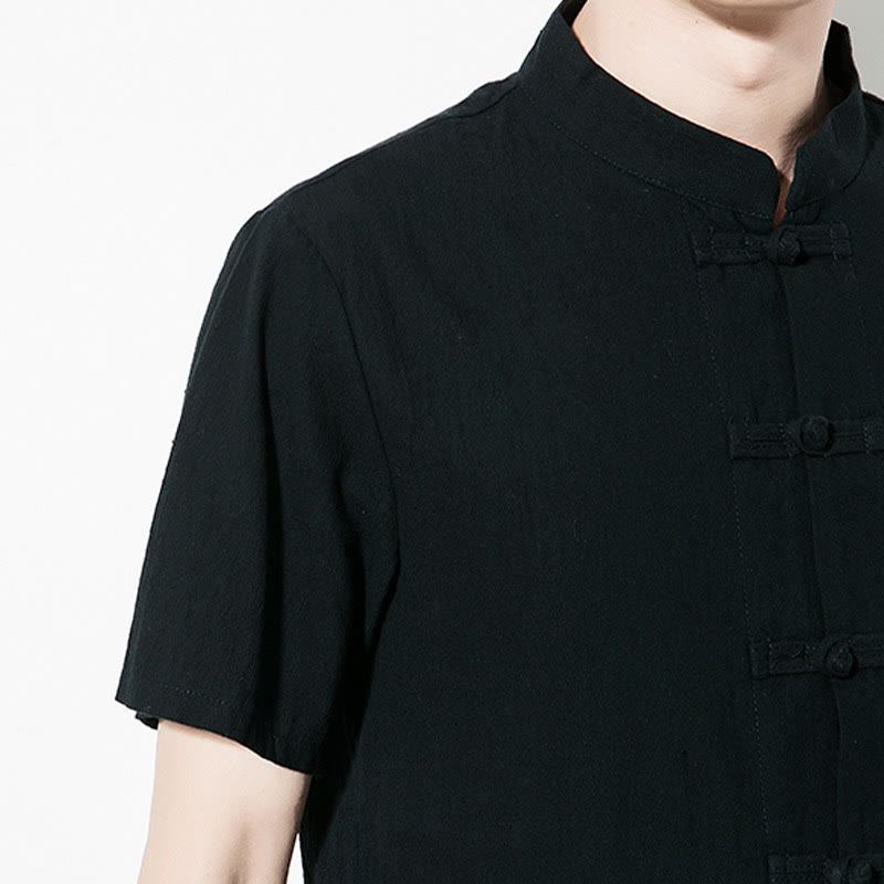 Nimara Ritual Casual Solid Color Front Frog Buttons Chinese Tang Suit Short Sleeve Linen Men's Shirt