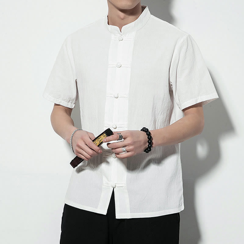 Nimara Ritual Casual Solid Color Front Frog Buttons Chinese Tang Suit Short Sleeve Linen Men's Shirt