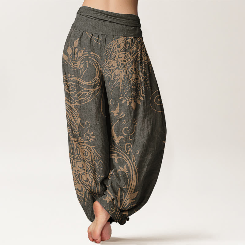 Nimara Ritual Cotton Casual Peacock Design Women's Elastic Waist Harem Pants