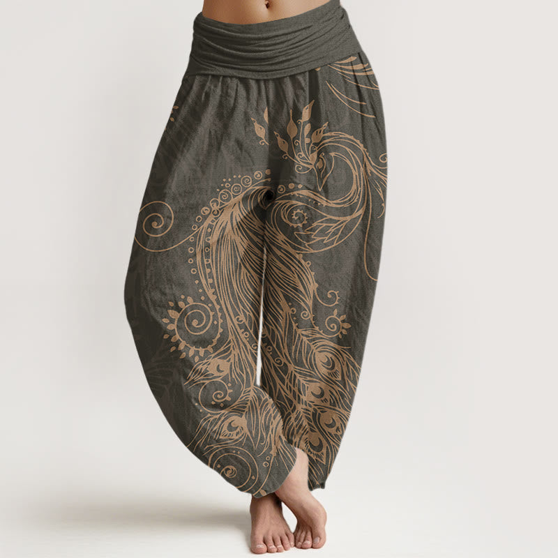 Nimara Ritual Cotton Casual Peacock Design Women's Elastic Waist Harem Pants