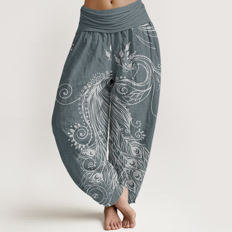 Nimara Ritual Cotton Casual Peacock Design Women's Elastic Waist Harem Pants