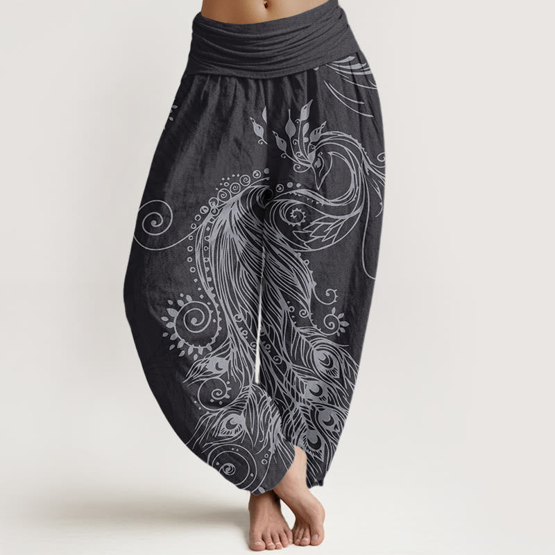 Nimara Ritual Cotton Casual Peacock Design Women's Elastic Waist Harem Pants