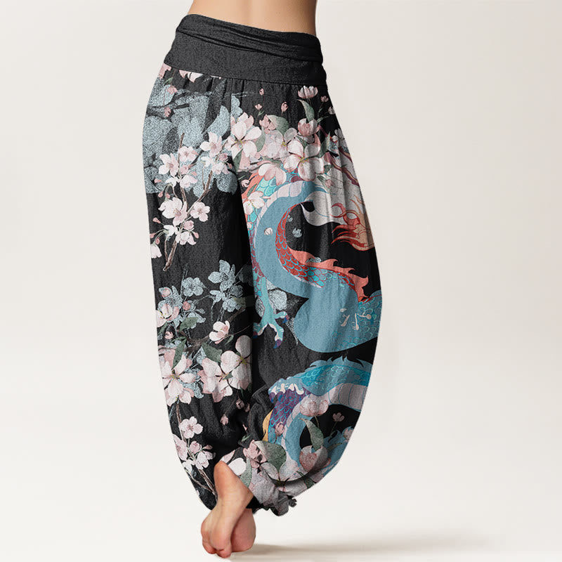 Nimara Ritual Cotton Casual Dragon Cherry Blossoms Women's Elastic Waist Harem Pants