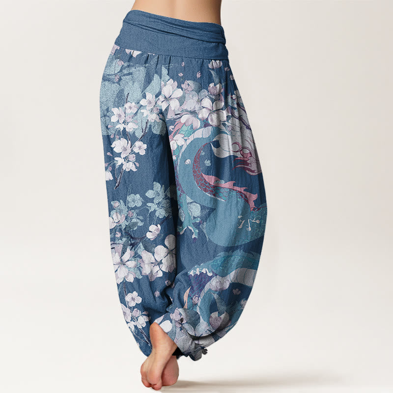 Nimara Ritual Cotton Casual Dragon Cherry Blossoms Women's Elastic Waist Harem Pants