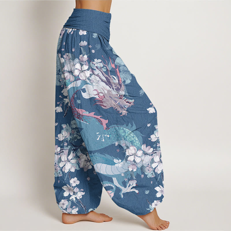 Nimara Ritual Cotton Casual Dragon Cherry Blossoms Women's Elastic Waist Harem Pants