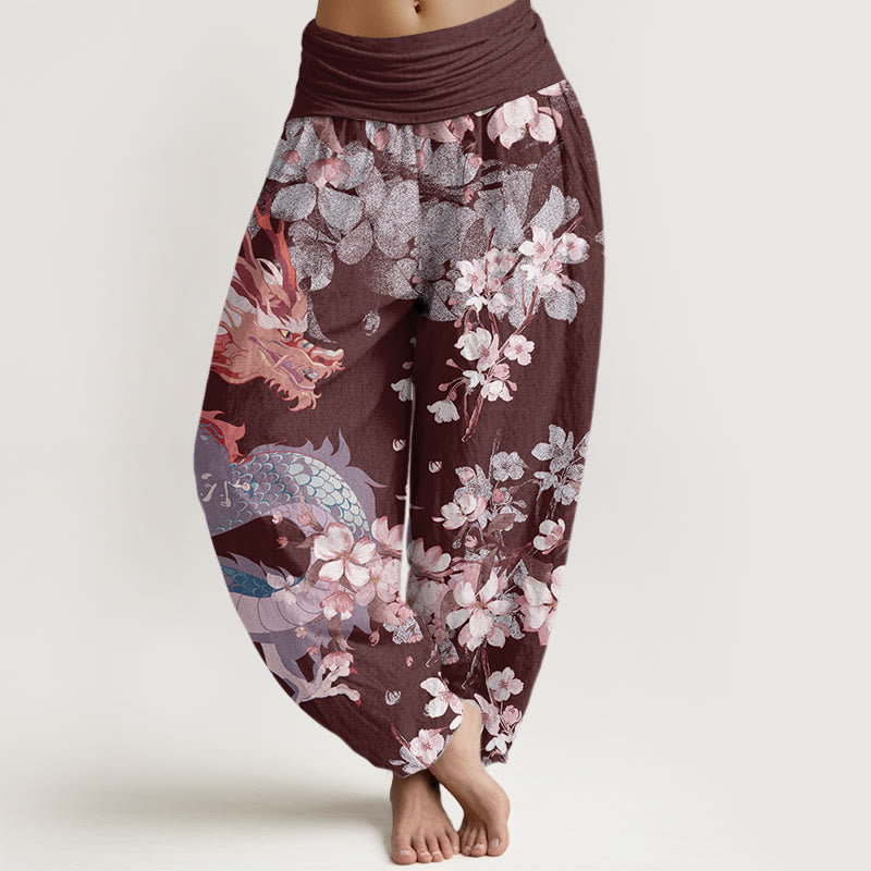 Nimara Ritual Cotton Casual Dragon Cherry Blossoms Women's Elastic Waist Harem Pants