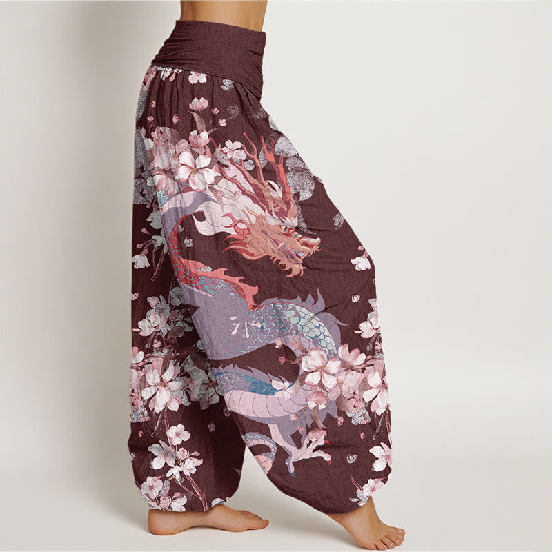 Nimara Ritual Cotton Casual Dragon Cherry Blossoms Women's Elastic Waist Harem Pants