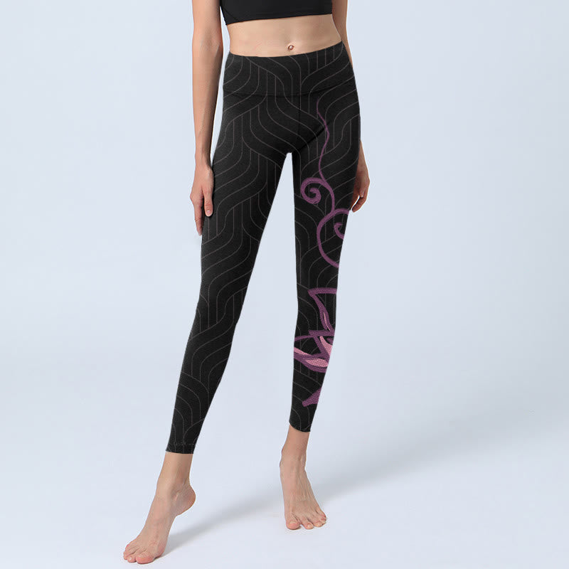 Nimara Ritual Black Pink Lotus Flower Print Gym Leggings Women's Yoga Pants