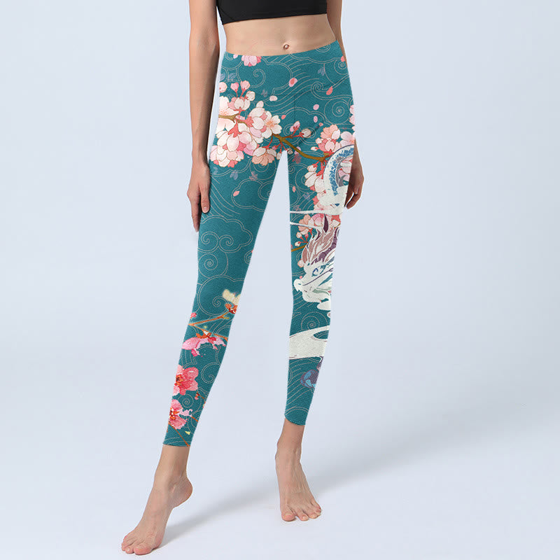 Nimara Ritual Dragon Cherry Blossoms Print Gym Leggings Women's Yoga Pants