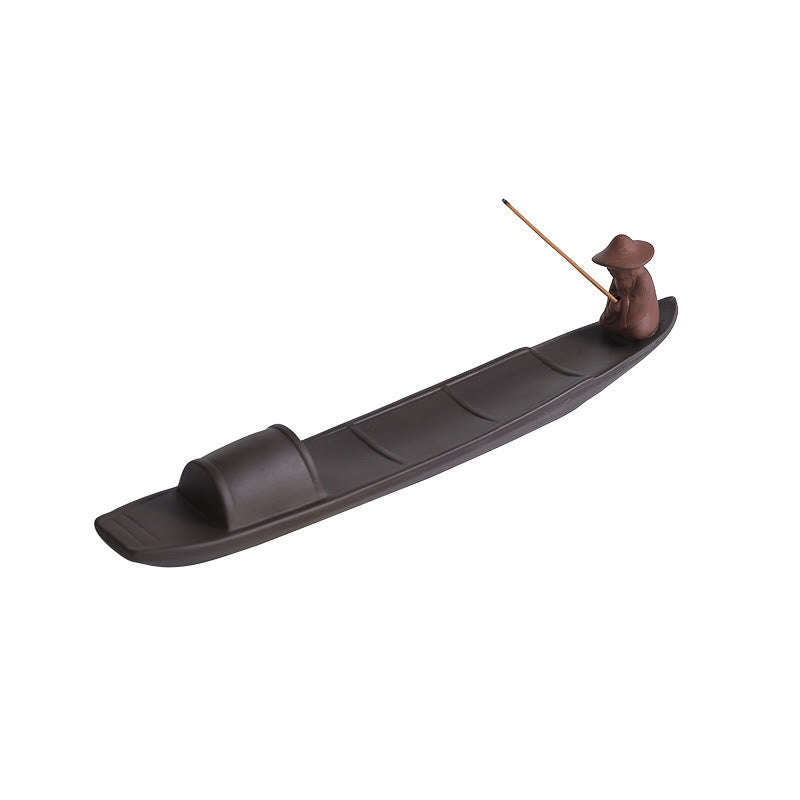 Nimara Ritual Fisherman Boat Purple Clay Peace Healing Ceramic Stick Incense Burner Decoration