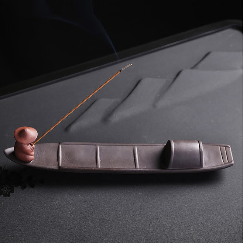 Nimara Ritual Fisherman Boat Purple Clay Peace Healing Ceramic Stick Incense Burner Decoration