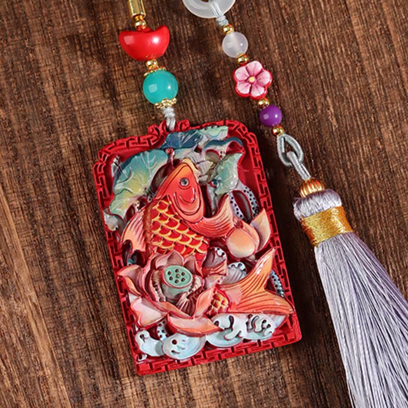 Nimara Ritual Natural Cinnabar Koi Fish Lotus Design Blessing Peace Buckle Car Hanging Decoration