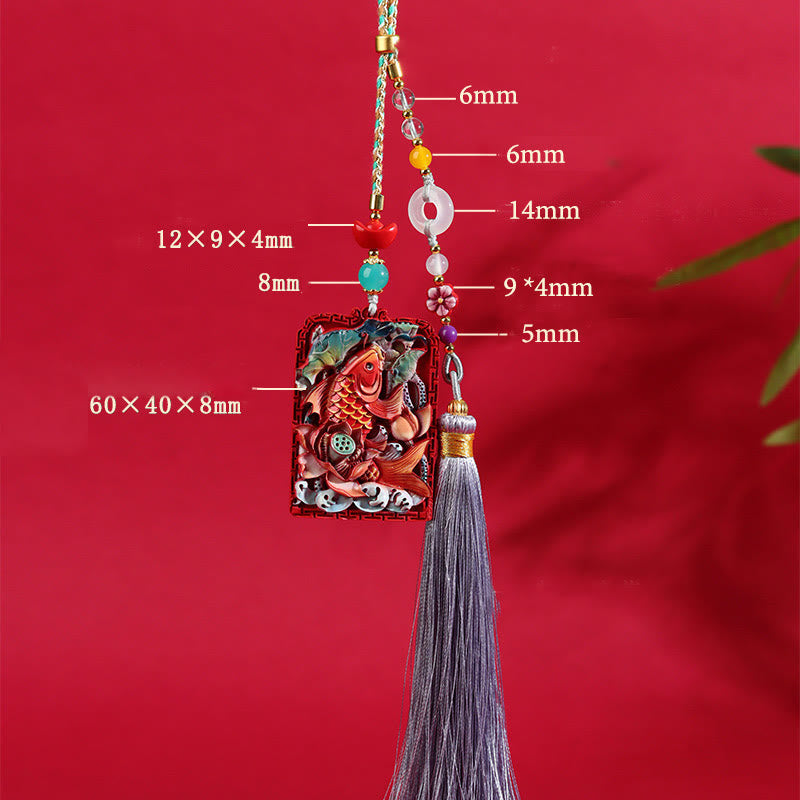 Nimara Ritual Natural Cinnabar Koi Fish Lotus Design Blessing Peace Buckle Car Hanging Decoration
