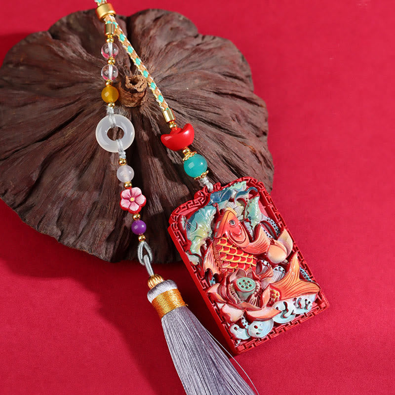 Nimara Ritual Natural Cinnabar Koi Fish Lotus Design Blessing Peace Buckle Car Hanging Decoration