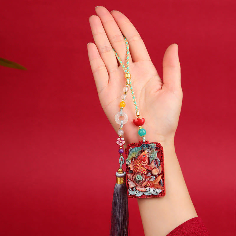 Nimara Ritual Natural Cinnabar Koi Fish Lotus Design Blessing Peace Buckle Car Hanging Decoration