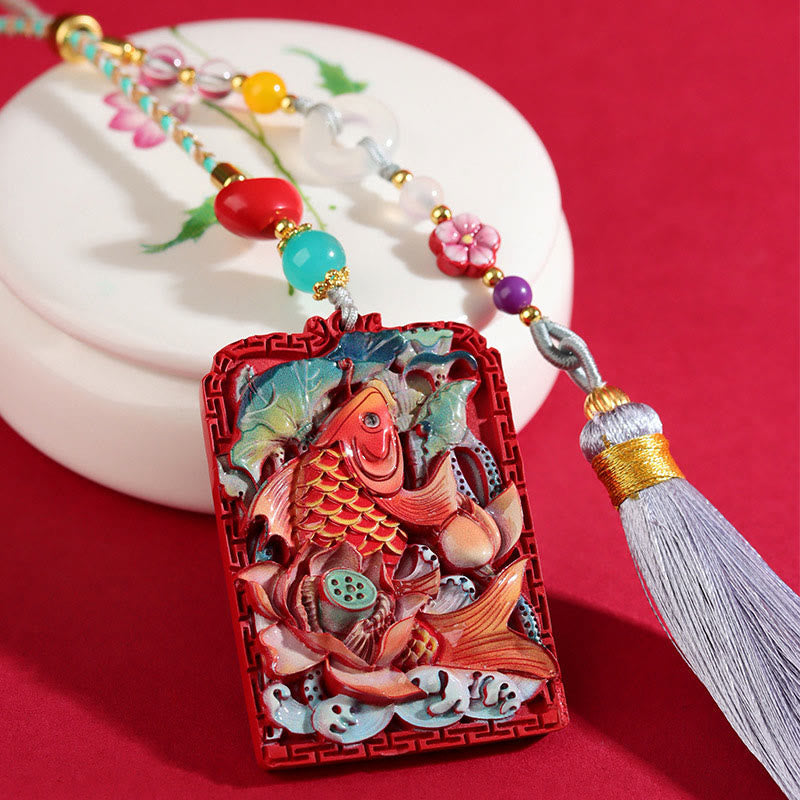 Nimara Ritual Natural Cinnabar Koi Fish Lotus Design Blessing Peace Buckle Car Hanging Decoration