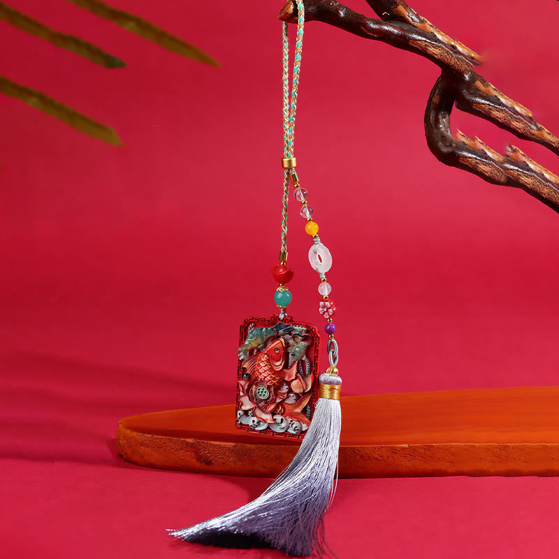 Nimara Ritual Natural Cinnabar Koi Fish Lotus Design Blessing Peace Buckle Car Hanging Decoration