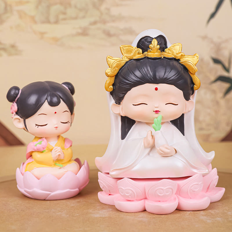Nimara Ritual Meditation Avalokitesvara Lotus Boy Girl Resin Statue Harmony Home Decoration