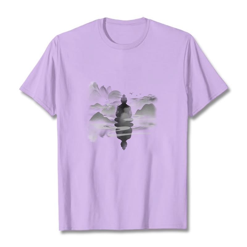 Nimara Ritual Meditating Buddha Sitting In Mountains Pattern Cotton Tee T-shirt