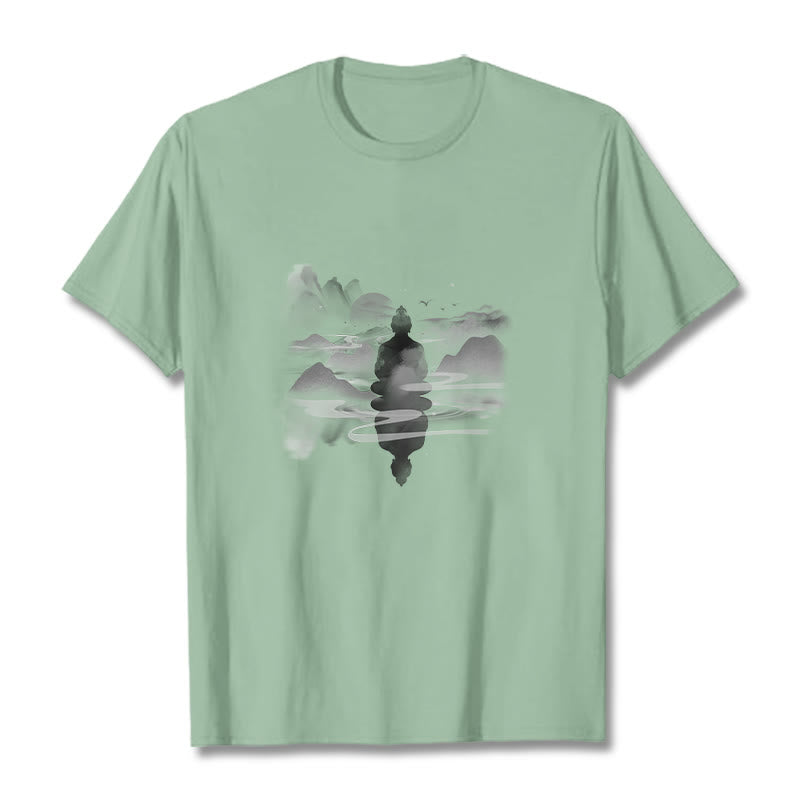 Nimara Ritual Meditating Buddha Sitting In Mountains Pattern Cotton Tee T-shirt