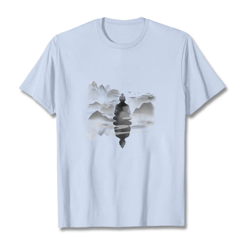 Nimara Ritual Meditating Buddha Sitting In Mountains Pattern Cotton Tee T-shirt