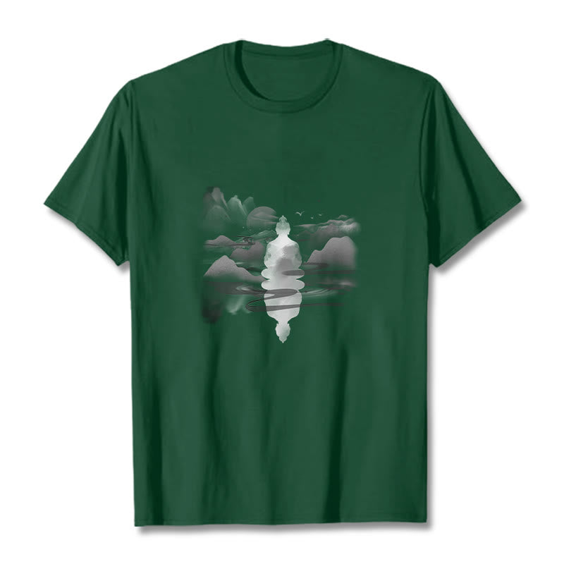 Nimara Ritual Meditating Buddha Sitting In Mountains Pattern Cotton Tee T-shirt