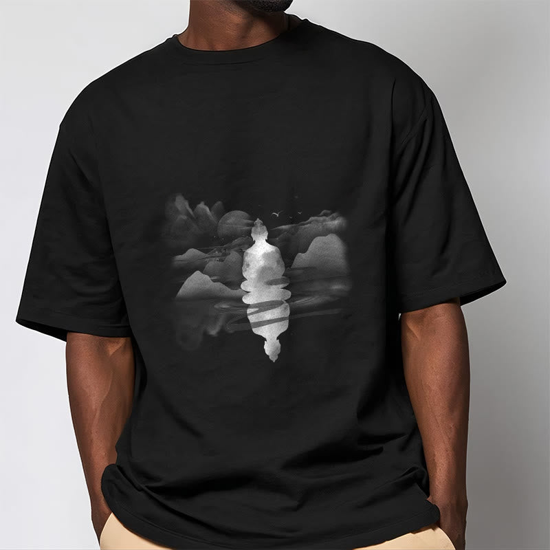 Nimara Ritual Meditating Buddha Sitting In Mountains Pattern Cotton Tee T-shirt