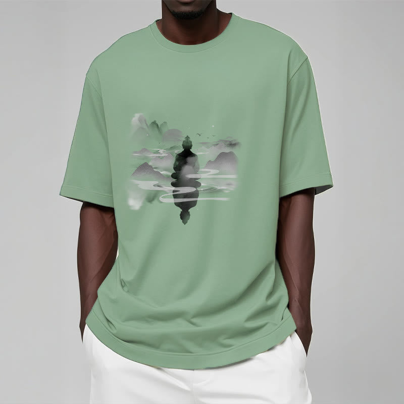 Nimara Ritual Meditating Buddha Sitting In Mountains Pattern Cotton Tee T-shirt