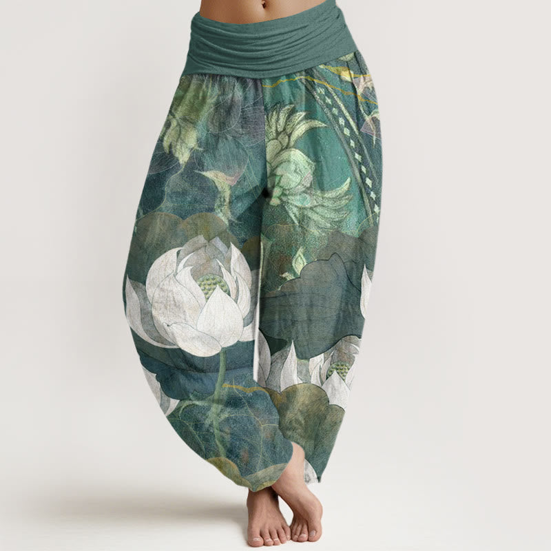 Nimara Ritual Cotton White Lotus Leaves Pattern Casual Women's Elastic Waist Harem Pants
