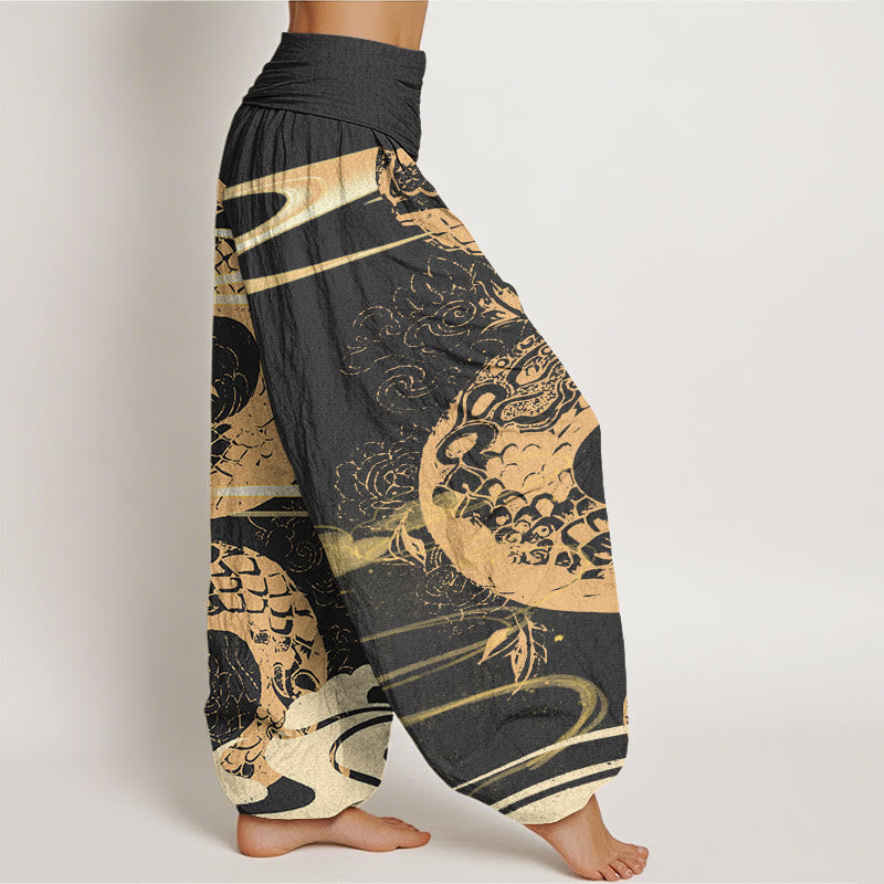 Nimara Ritual Cotton Auspicious Clouds With Snake Pattern Women's Elastic Waist Harem Pants