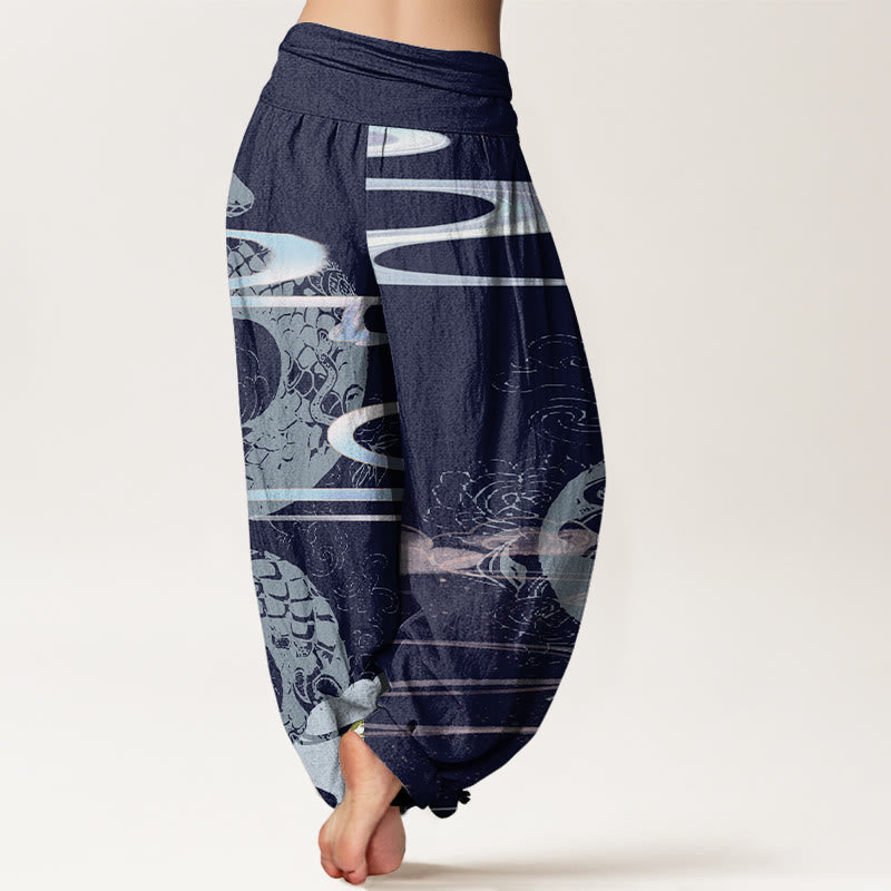 Nimara Ritual Cotton Auspicious Clouds With Snake Pattern Women's Elastic Waist Harem Pants