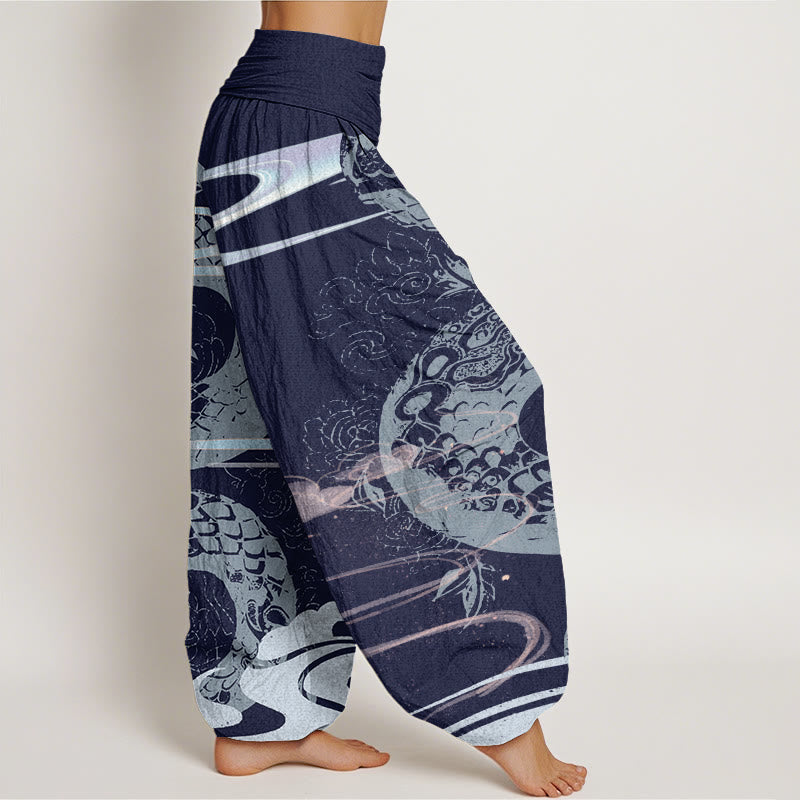 Nimara Ritual Cotton Auspicious Clouds With Snake Pattern Women's Elastic Waist Harem Pants