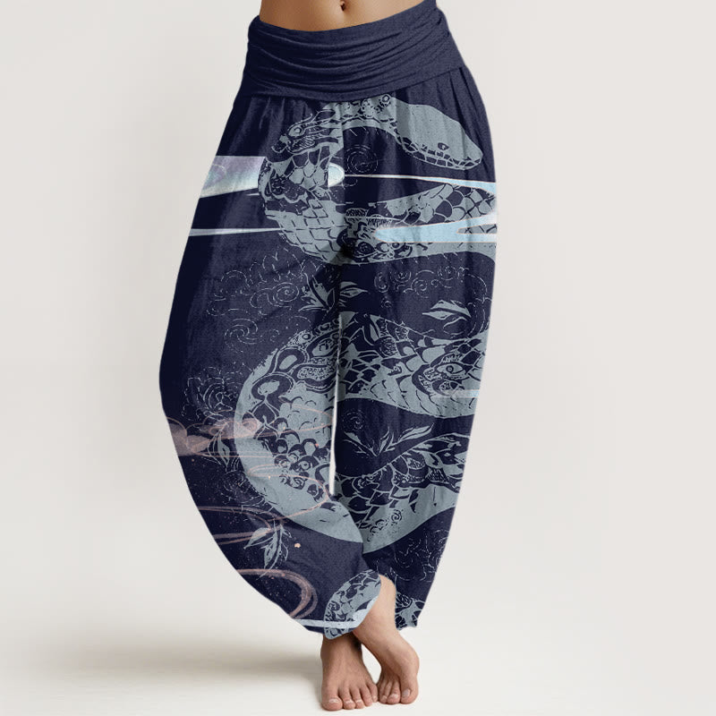 Nimara Ritual Cotton Auspicious Clouds With Snake Pattern Women's Elastic Waist Harem Pants