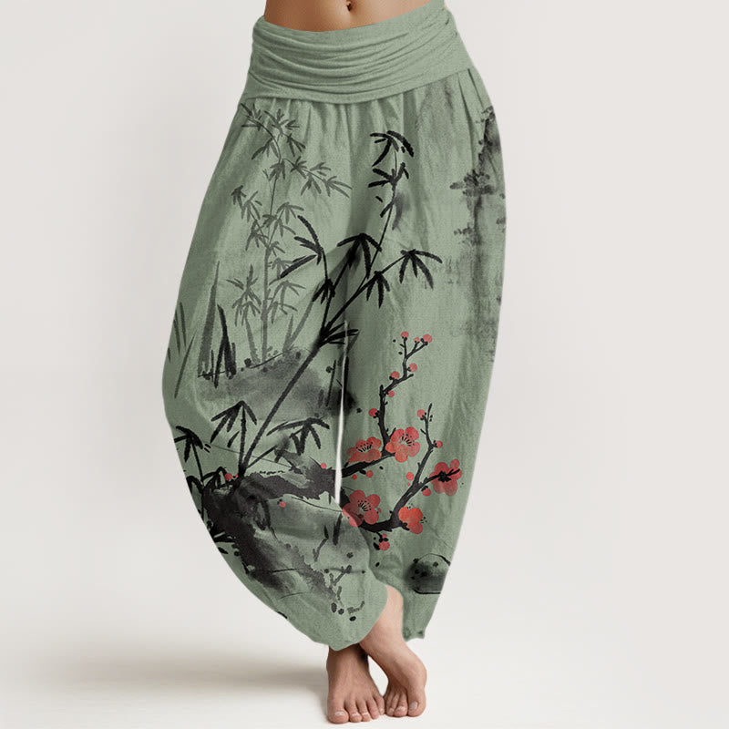 Nimara Ritual Cotton Plum Blossoms Bamboo Orchids Chrysanthemums Pattern Women's Elastic Waist Harem Pants