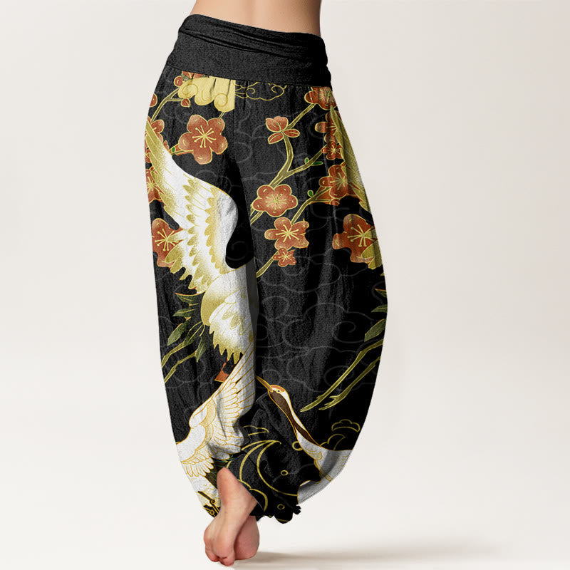 Nimara Ritual Cotton Cranes Flowers Auspicious Clouds pattern Women's Elastic Waist Harem Pants