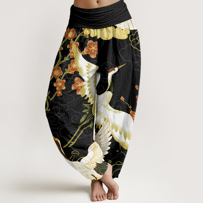 Nimara Ritual Cotton Cranes Flowers Auspicious Clouds pattern Women's Elastic Waist Harem Pants