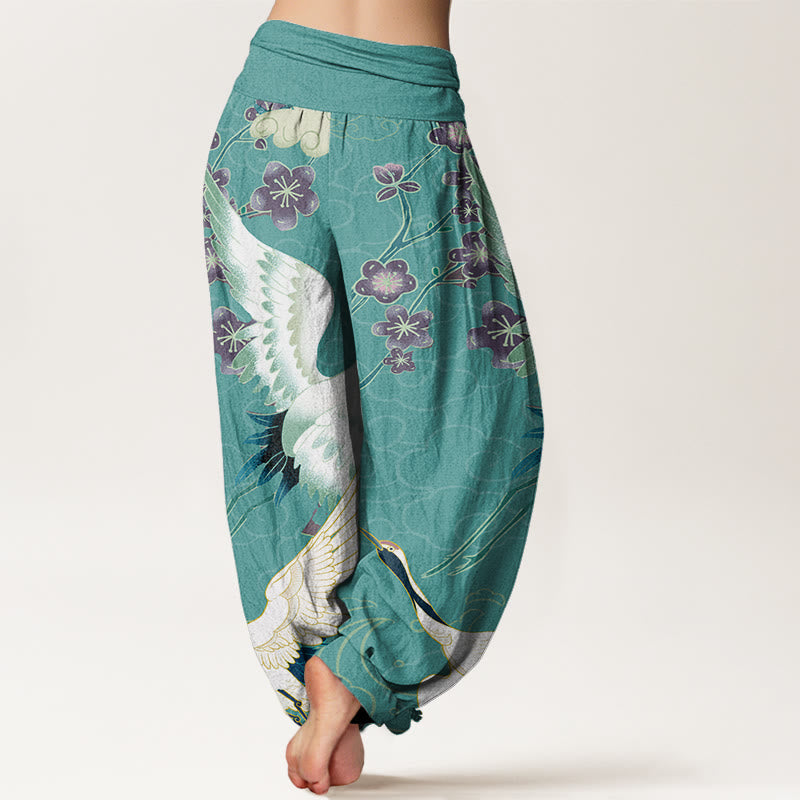 Nimara Ritual Cotton Cranes Flowers Auspicious Clouds pattern Women's Elastic Waist Harem Pants