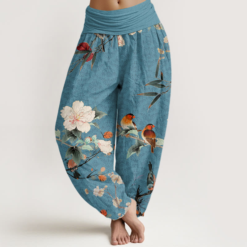 Nimara Ritual Cotton Warbler Bird Blooming Flower Branches Mandala Pattern Women's Elastic Waist Harem Pants