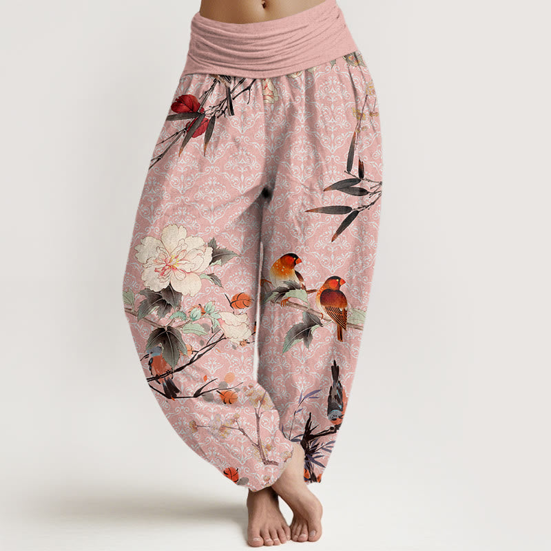 Nimara Ritual Cotton Warbler Bird Blooming Flower Branches Mandala Pattern Women's Elastic Waist Harem Pants