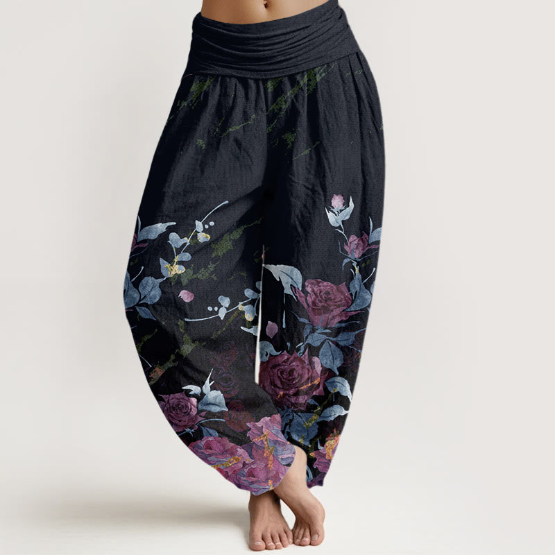 Nimara Ritual Cotton Blooming Roses Pattern Women's Elastic Waist Harem Pants