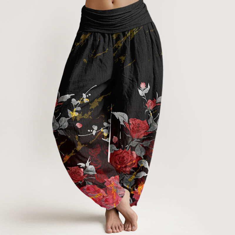 Nimara Ritual Cotton Blooming Roses Pattern Women's Elastic Waist Harem Pants